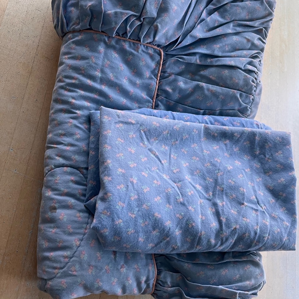 Blue and Pink Crib Comforter and Matching Sheet.